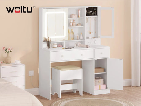 Witte BukkitBow luxe kaptafel met schuifspiegel en sieradenkast, elegant meubel voor make-up en accessoires