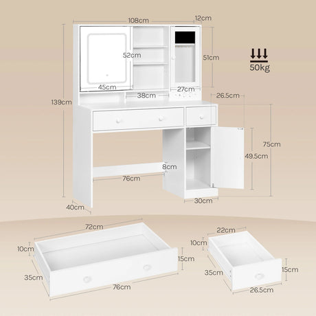 Luxe witte BukkitBow kaptafel met schuifspiegel en sieradenkast, elegant meubel voor make-up en accessoires.