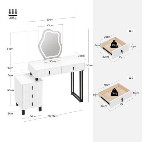 Luxe BukkitBow kaptafel met 5 laden, wit en metalen frame, met wolkvormige spiegel en stijlvolle uitstraling.