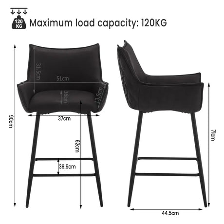 Luxe lederen barkrukken van BukkitBow, set van 2 met armleuningen, 62 cm hoog, modern en comfortabel voor in de keuken of bar.