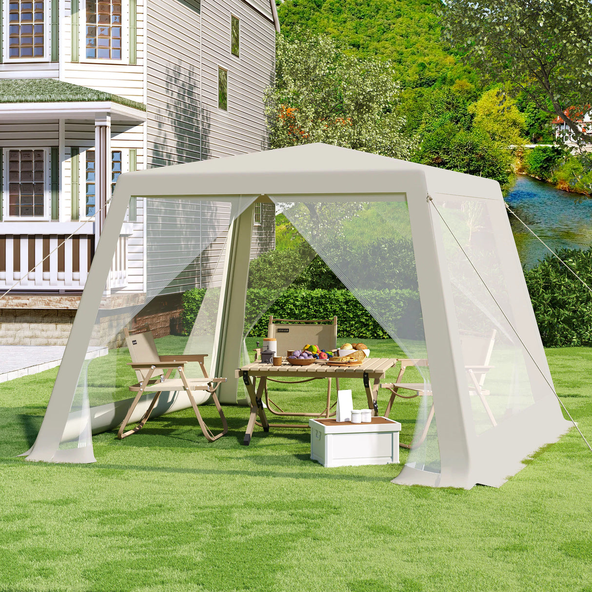 Luxe BukkitBow partytent 3x3m met muggennet en UV-bescherming, geschikt voor buitenfeesten en evenementen