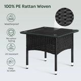Luxe polyrattan bijzettafel van BukkitBow met gehard glazen blad, weerbestendig voor buitengebruik, stijlvolle tuininrichting.