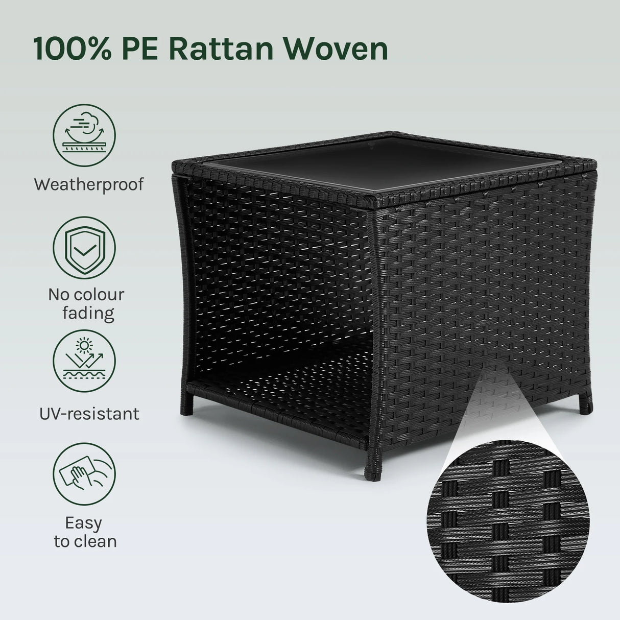 Luxe BukkitBow polyrattan bijzettafel met glazen blad en opbergvak, geschikt voor buiten, stijlvolle buiten tafel.