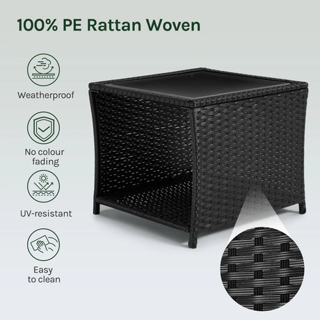 Luxe BukkitBow polyrattan bijzettafel met glazen blad en opbergvak, geschikt voor buiten, stijlvolle buiten tafel.