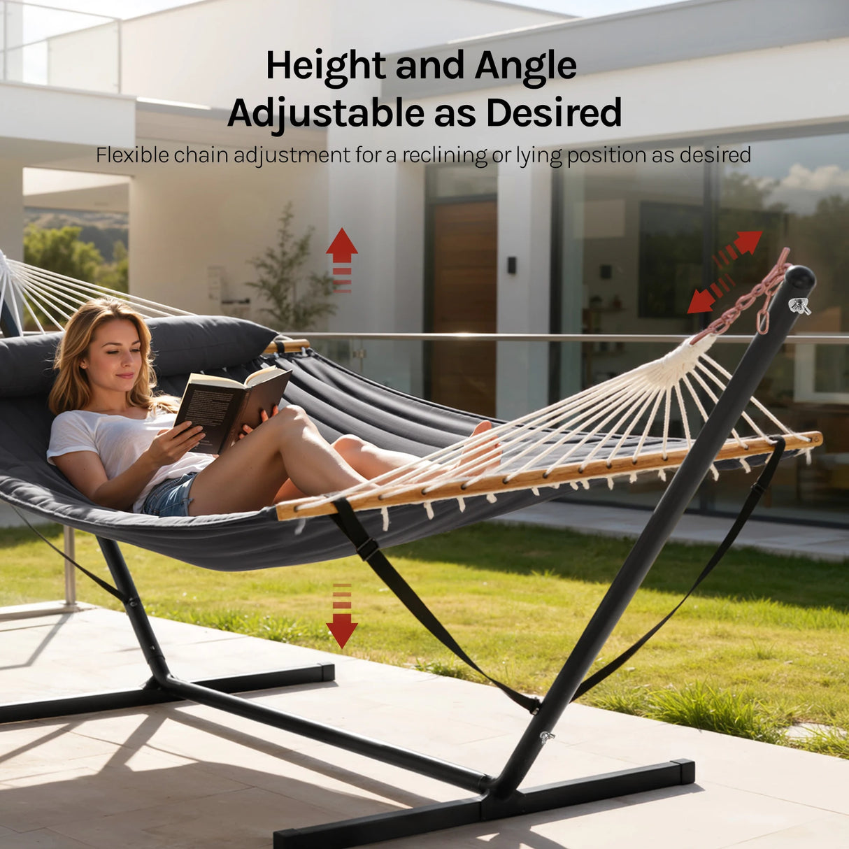 Luxe BukkitBow tweepersoons hangmat met standaard, geschikt voor 250 kg, comfortabel ligbed voor buitengebruik.