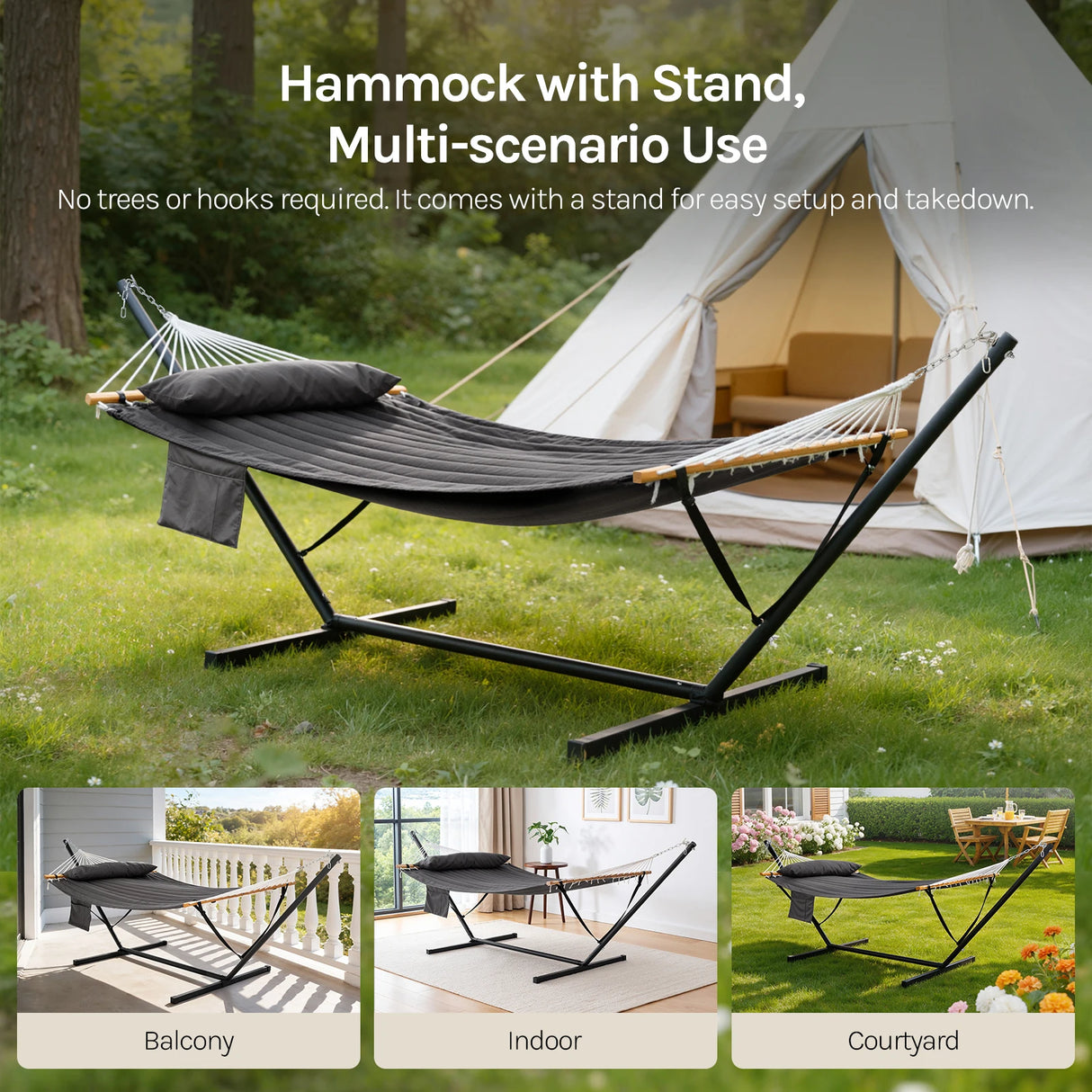 Luxe tweepersoons hangmat van BukkitBow met standaard, belastbaar tot 250kg, ideaal voor ontspannen buitengebruik.