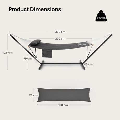 Luxe tweepersoons hangmat van BukkitBow met standaard, geschikt tot 250kg, comfortabel en stevig voor ontspannen lounge.