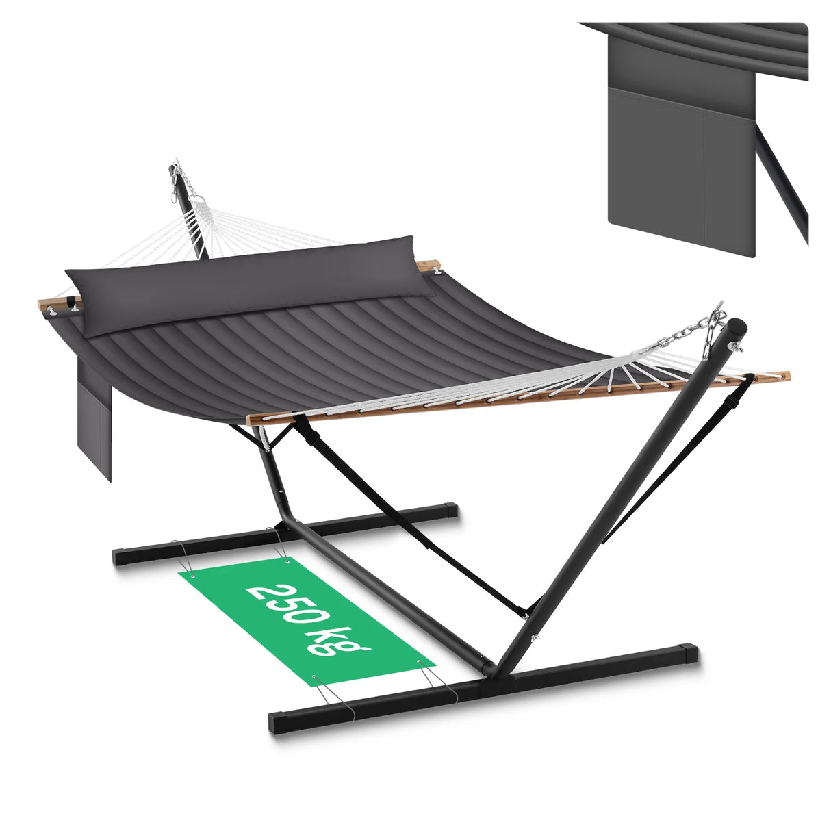 Luxe tweepersoons hangmat van BukkitBow met standaard, belastbaar tot 250kg, comfortabele ligplek voor twee personen.