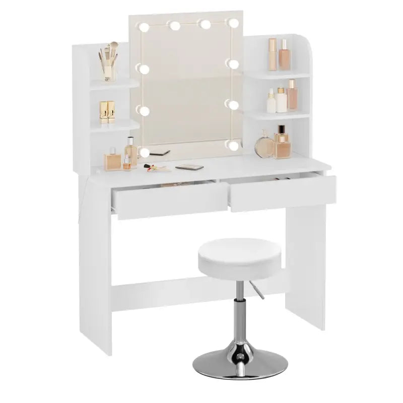 Luxe BukkitBow kaptafel met verlichte LED-spiegel, kruk, lades en opbergplankjes, ideaal voor make-up, afmetingen 108x40x142cm.