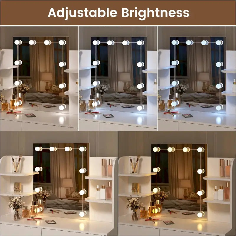 Luxe BukkitBow kaptafel met verlichte LED-spiegel, kruk, lades en opbergplankjes voor make-up, 108x40x142 cm, elegant en functioneel.