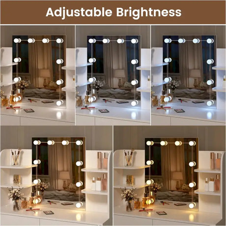 Luxe BukkitBow kaptafel met verlichte LED-spiegel, kruk, lades en opbergplankjes voor make-up, 108x40x142 cm, elegant en functioneel.