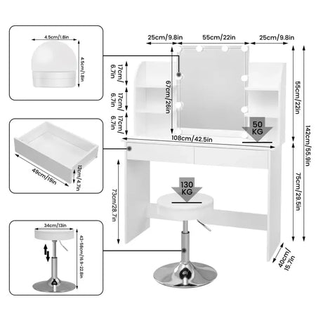 Luxe BukkitBow kaptafel met verlichte LED-spiegel, kruk, lades en opbergplanken voor make-up, 108x40x142cm, elegant en functioneel