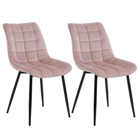 Twee luxe velvet eetkamerstoelen van BukkitBow met metalen poten, modern design en comfortabele zitting in de afbeelding.