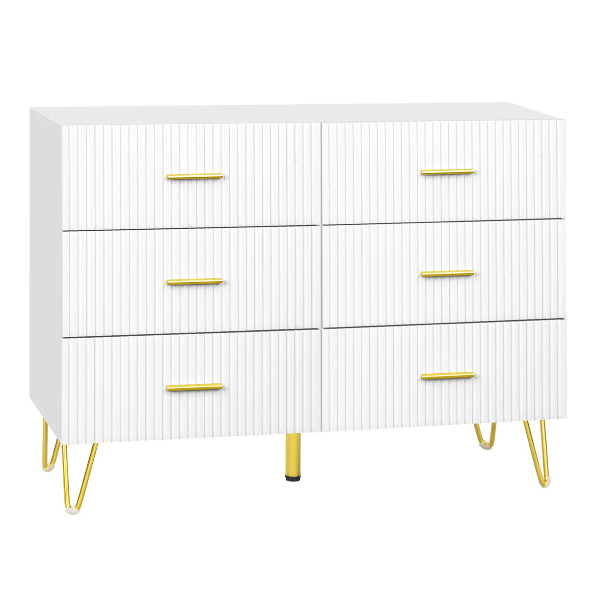 Luxe witte BukkitBow commode met zes laden en gouden details, elegante meubel voor moderne interieurstijl