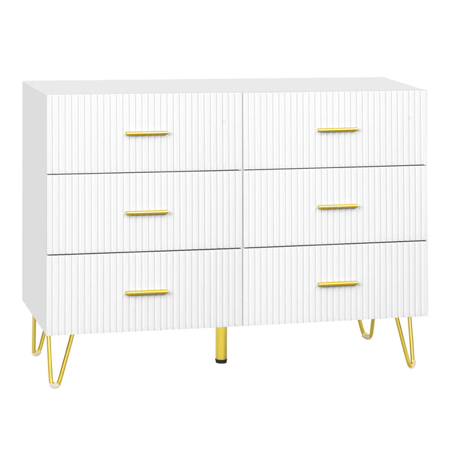 Luxe witte BukkitBow commode met zes laden en gouden details, elegante meubel voor moderne interieurstijl