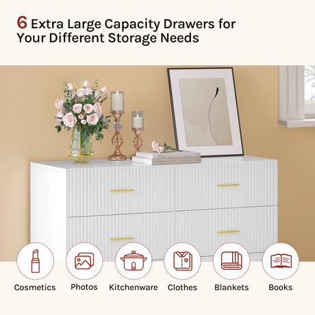 Luxe witte BukkitBow commode met zes laden en gouden details, elegant meubelstuk voor moderne interieurs.