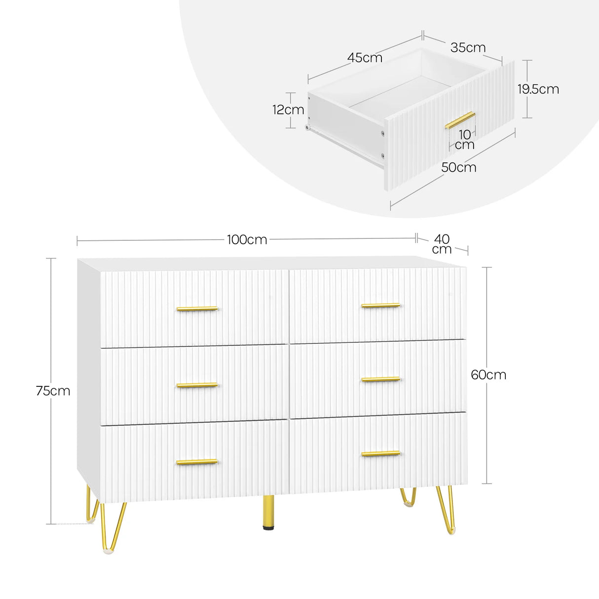 Luxe witte BukkitBow commode met zes laden en gouden details, elegant meubelstuk voor in de woonkamer of slaapkamer.