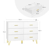 Luxe witte BukkitBow commode met zes laden en gouden details, elegant meubelstuk voor in de woonkamer of slaapkamer.