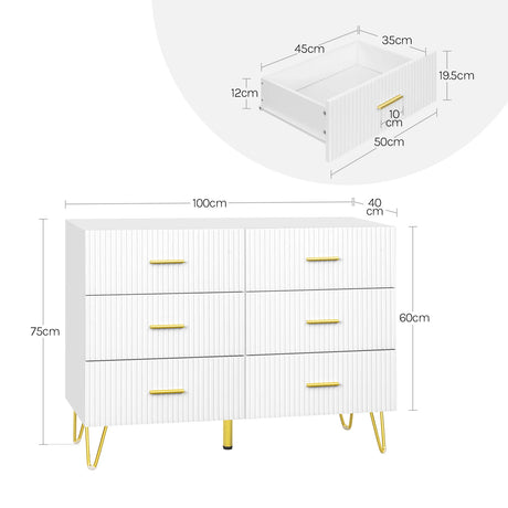 Luxe witte BukkitBow commode met zes laden en gouden details, elegant meubelstuk voor in de woonkamer of slaapkamer.