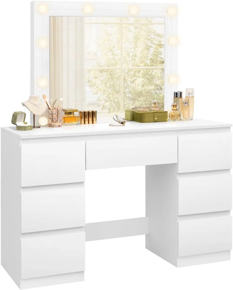 Luxe witte BukkitBow kaptafel met LED-verlichting, 7 laden, modern ontwerp, perfect voor stijlvolle slaapkamers en kleedkamers.