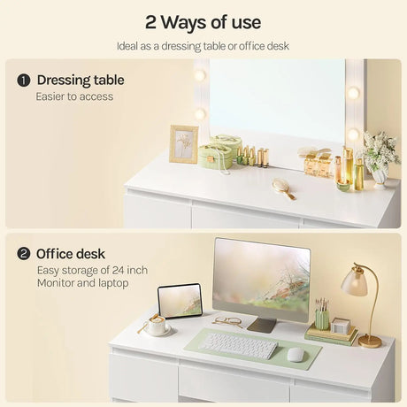 Luxe witte BukkitBow kaptafel met LED-verlichting en 7 laden, modern design, zichtbaar met spiegel en opbergvakken.