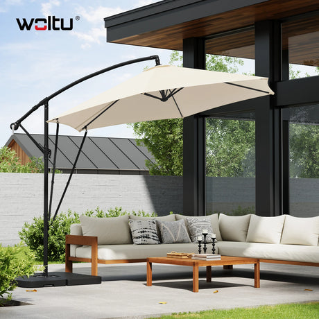 Luxe BukkitBow zwevende parasol van 310cm met sling en beschermhoes, geschikt voor buitengebruik.
