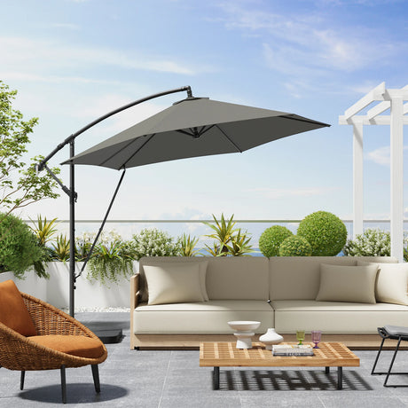 Luxe BukkitBow zwevende parasol van 310cm met slinger en beschermhoes, geschikt voor buitengebruik.