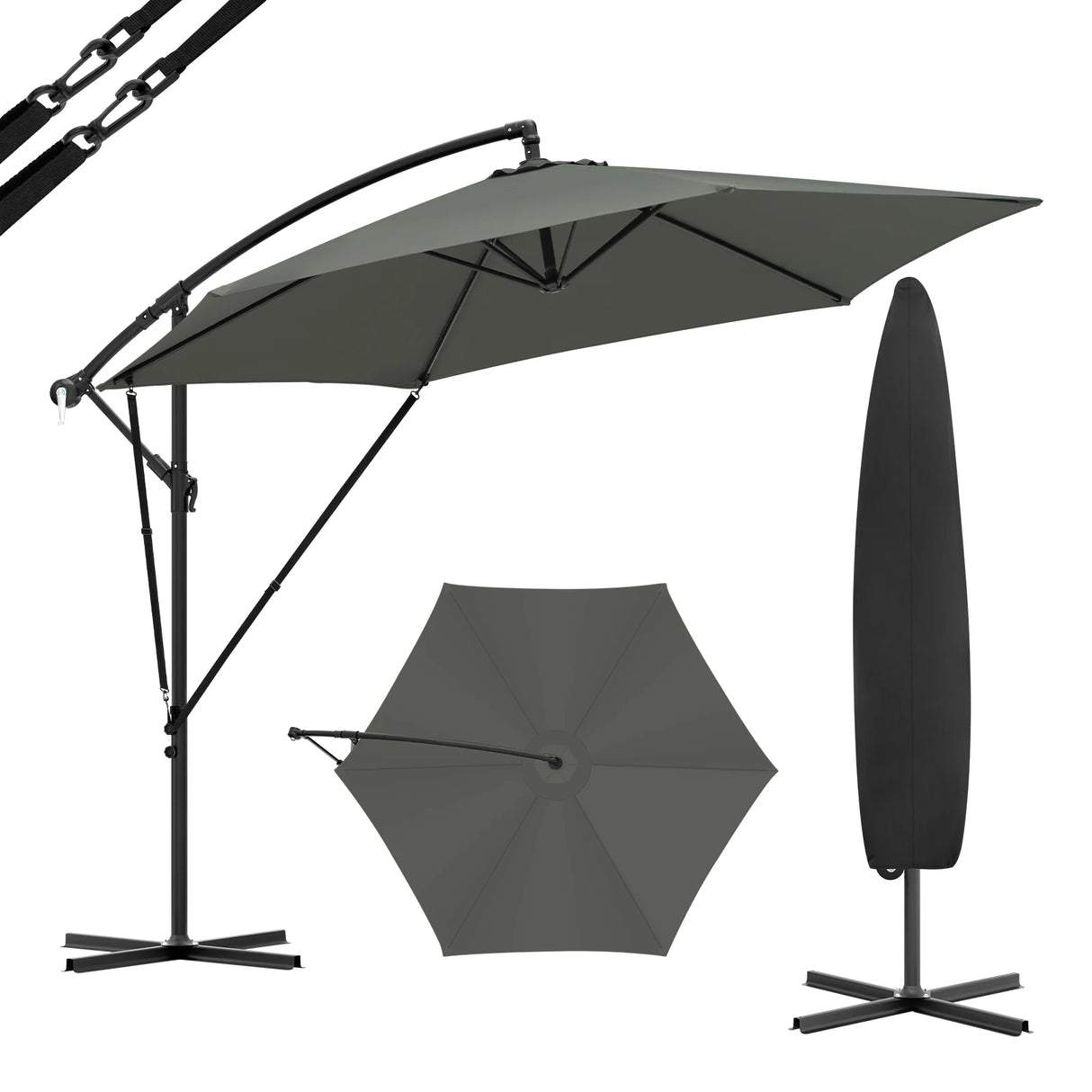 Luxe BukkitBow zwevende parasol van 310cm met slinger en beschermhoes, geschikt voor terras of tuin.