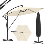 Luxe BukkitBow zwevende parasol met slinger en beschermhoes, 310cm, zichtbaar in een zonnige buitenruimte