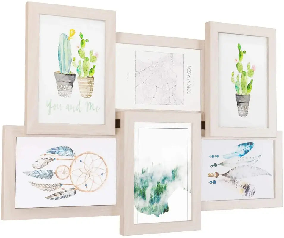 Witte MDF 3D fotolijst collage van BukkitBow met klassiek ontwerp, plaats voor 6 foto's, eiken accenten, stijlvolle wanddecoratie