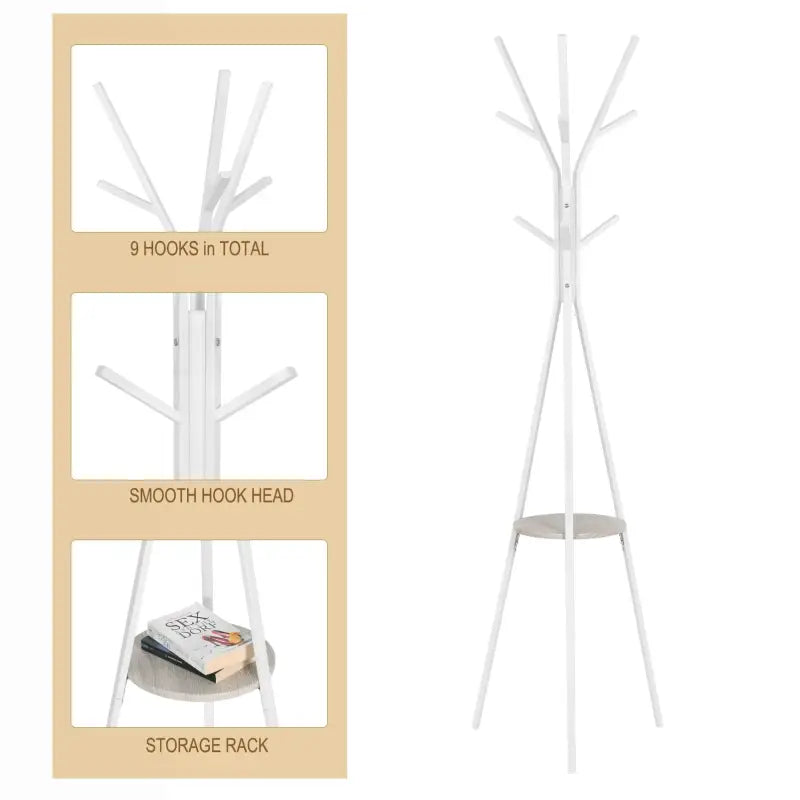 Wit BukkitBow metalen kledingrek met driehoek, plankje en 9 haken, 180 cm hoog, modern en functioneel design