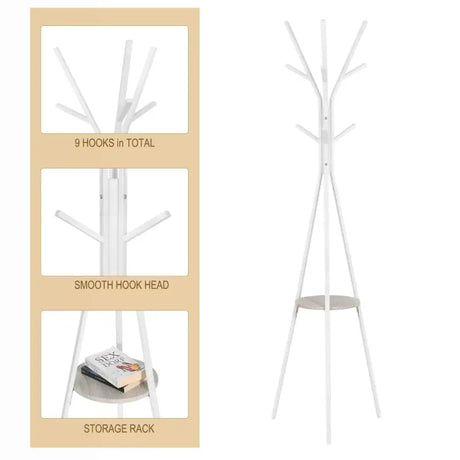 Wit BukkitBow metalen kledingrek met driehoek, plankje en 9 haken, 180 cm hoog, modern en functioneel design