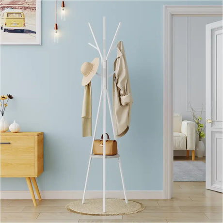 Wit BukkitBow metalen kledingrek met driehoek, plankje en negen haken, 180 cm hoog, stevig en stijlvol voor garderobe.