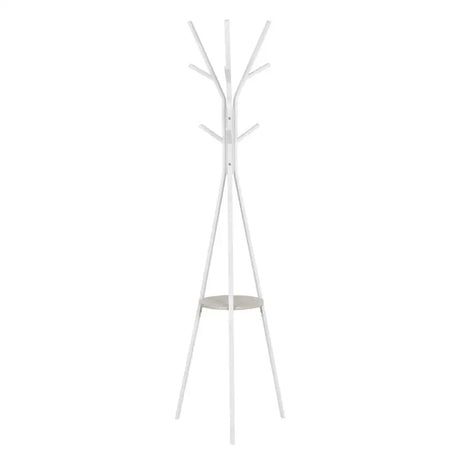 Wit metalen kledingrek BukkitBow met driehoek, plankje en negen haken, 180 cm hoog, voor kleding en accessoires.