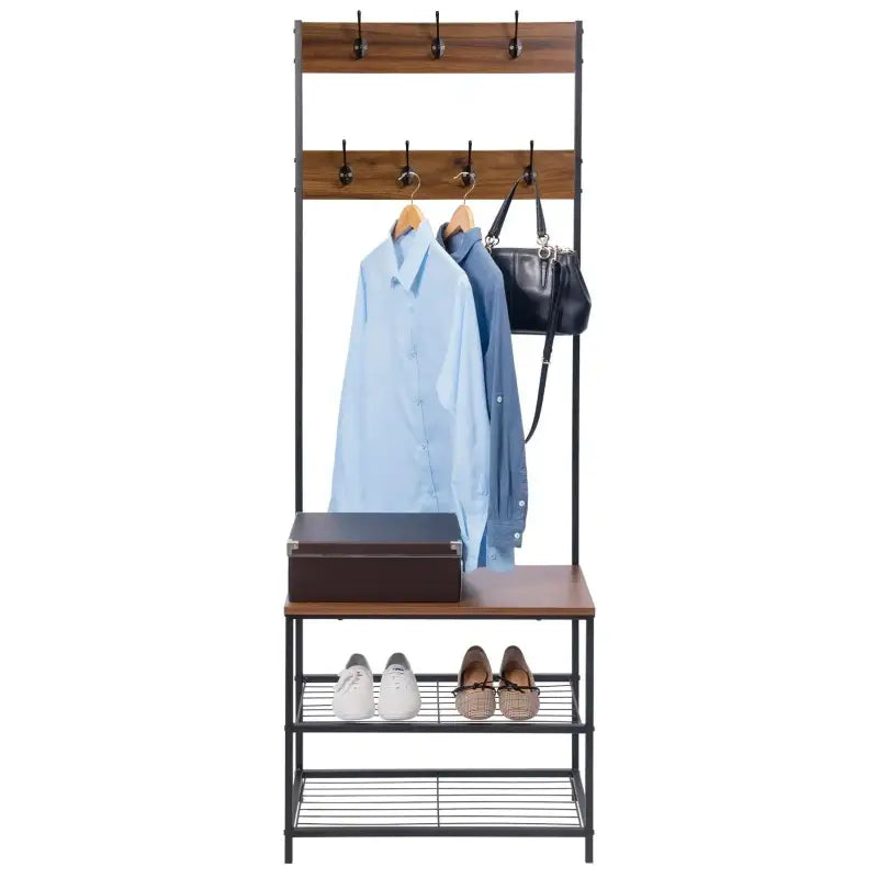 BukkitBow metalen kapstok met schoenenrek, industrieel design, staand, bruin hout en zwart metaal, geschikt als kledingrek.