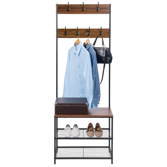 BukkitBow metalen kapstok met schoenenrek, industrieel design, staand, bruin hout en zwart metaal, geschikt als kledingrek.