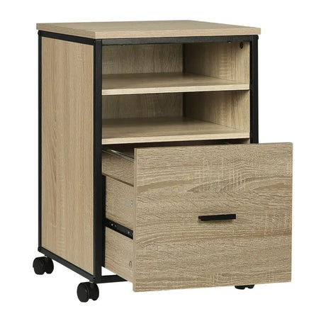 Zwarte BukkitBow mobiele compacte archiefkast met eikenhouten top, 2 planken en lade, geschikt als bijzet- of nachtkastje.