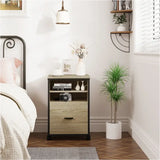 BukkitBow compacte zwarte metalen archiefkast met eikenhouten details, 2 planken en lade, multifunctioneel meubel, 40x40x60cm.