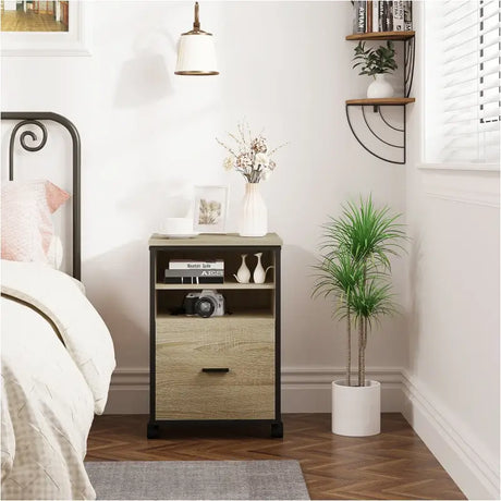 BukkitBow compacte zwarte metalen archiefkast met eikenhouten details, 2 planken en lade, multifunctioneel meubel, 40x40x60cm.