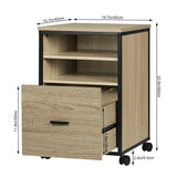 BukkitBow compacte zwarte metalen archiefkast met eikenhouten details, 2 planken en lade, multifunctioneel bijzet- of nachtkastje.