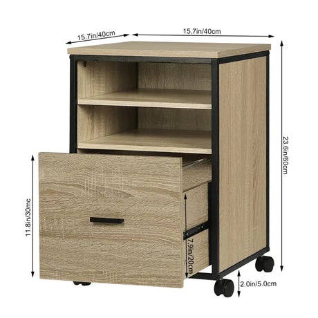 BukkitBow compacte zwarte metalen archiefkast met eikenhouten details, 2 planken en lade, multifunctioneel bijzet- of nachtkastje.