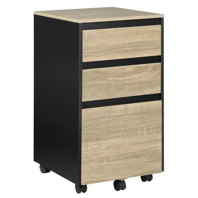 BukkitBow compacte mobiele archiefkast en bijzettafel in zwart met drie lades, houtlook afwerking, afmetingen 40x40x70cm.
