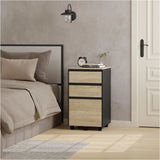 BukkitBow compacte mobiele archiefkast met 3 lades, zwart met licht/donker eikenhout, afmetingen 40x40x70cm, multifunctioneel meubel