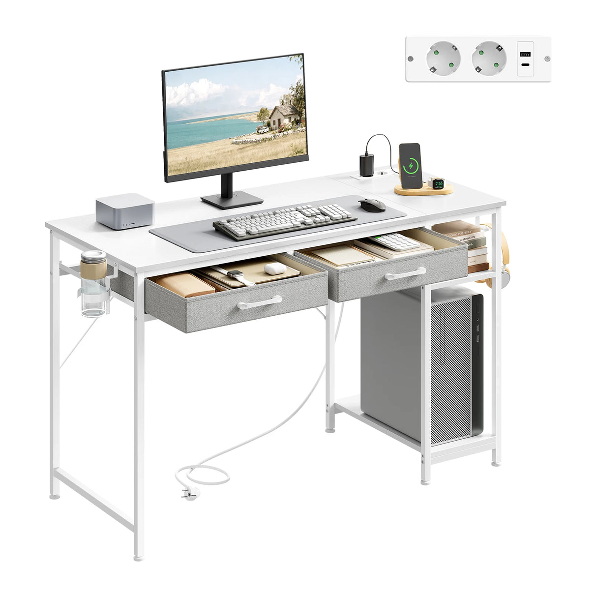Moderne BukkitBow bureau met 2 laden, stopcontact en USB-poort, 120cm breed, ideaal voor thuiskantoor of werkplek.