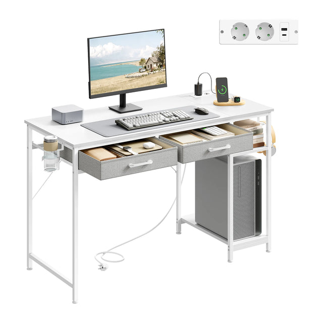 Moderne BukkitBow bureau met 2 laden, stopcontact en USB-poort, 120cm breed, ideaal voor thuiskantoor of werkplek.