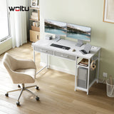Moderne BukkitBow bureau met 2 laden, stopcontact en USB-poorten, 120cm breed, geschikt voor thuis of kantoor.