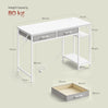 Moderne BukkitBow bureau met 2 laden, stopcontact en USB-poorten, 120cm breed, geschikt voor thuis of kantoor.