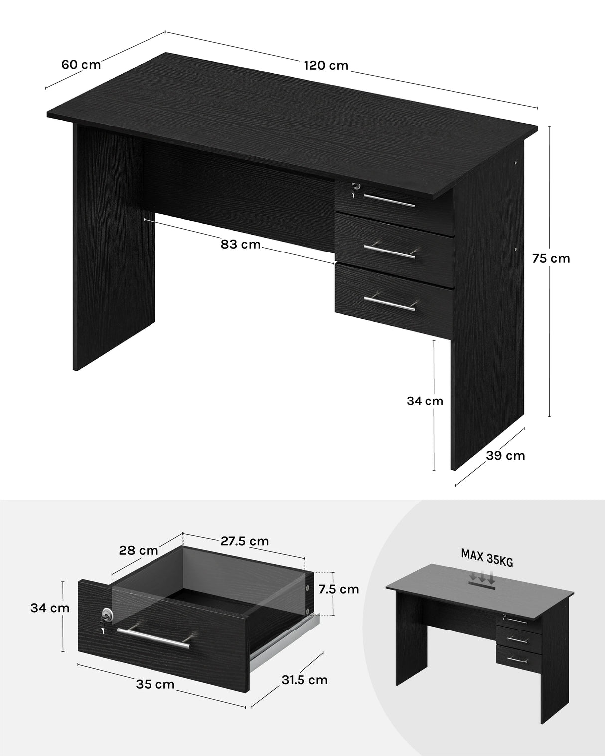 Moderne BukkitBow bureau van 120cm breed met 3 laden en slot, strak design en duurzame afwerking.