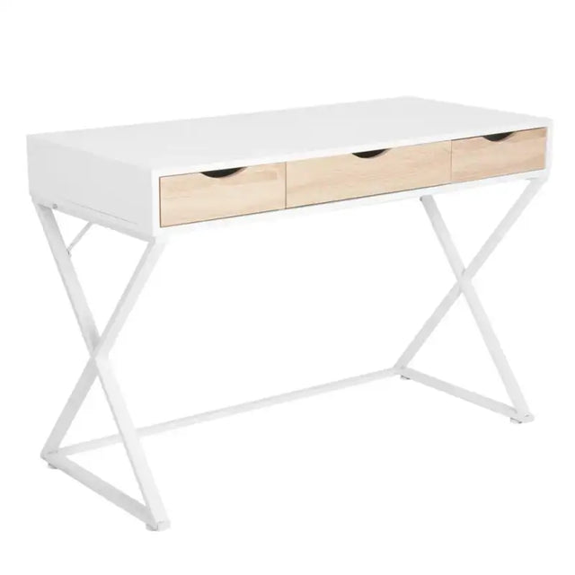 BukkitBow modern bureau met lades, hout en metaal, wit, 110x50 cm, stevig en ruim, geschikt voor kantoor of thuiswerkruimte