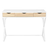 Moderne BukkitBow bureau met lades, hout en metaal, 110x50 cm, stevig en ruim, wit, geschikt voor thuis of kantoor.